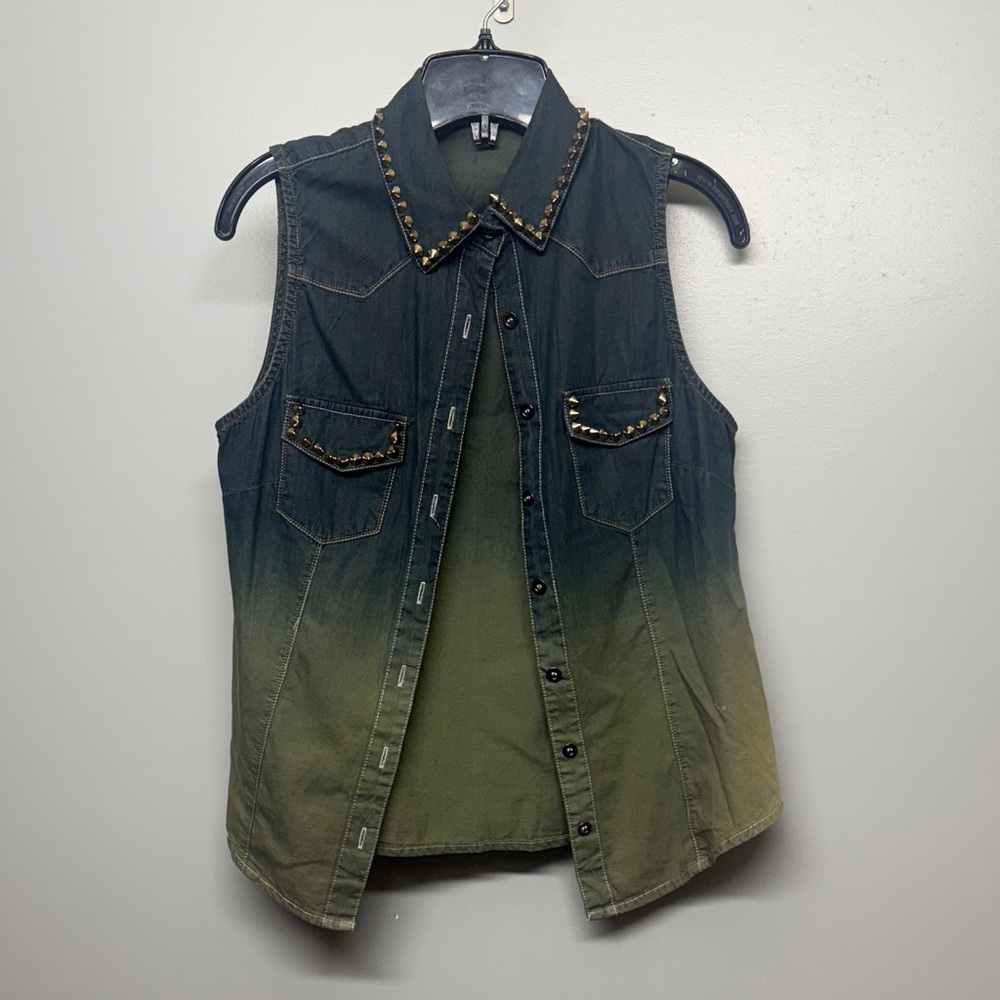 Studded Ombre Sleeveless Faux Denim Sleeveless Shirt SIZE S